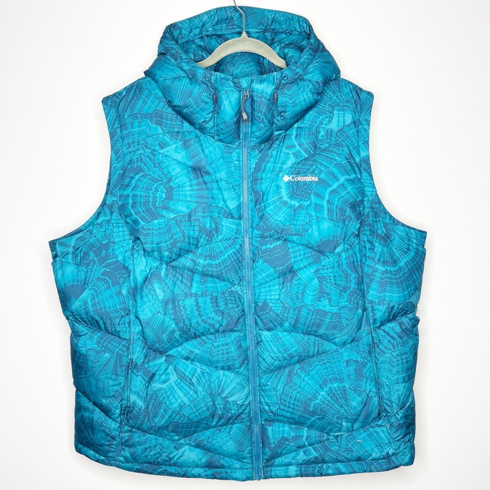 Columbia Omni-Heat Hooded Puffer‎ Vest Womens 3X Blue Abstract Shell Print Plus